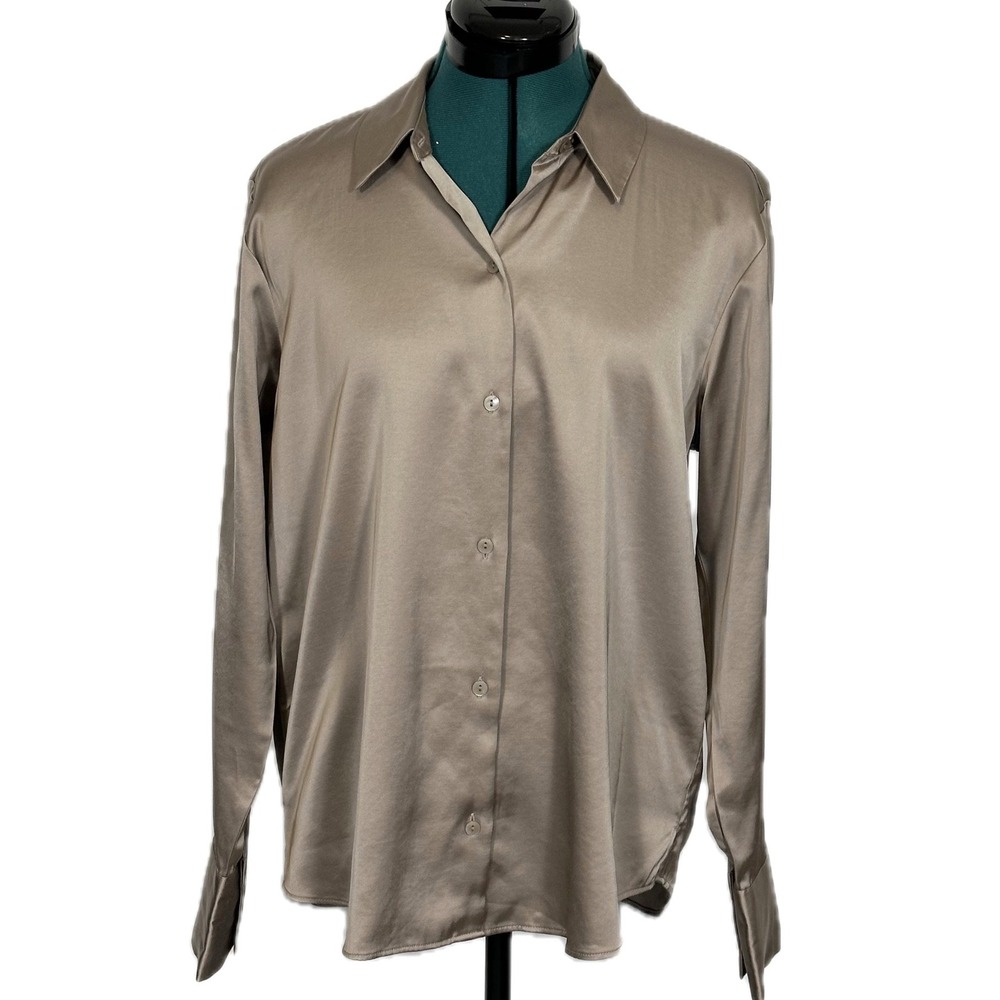 Abercrombie & Fitch Satin Button Down Shirt Size M Taupe Brown Long Sleeve Silky